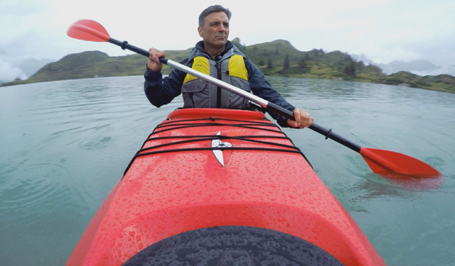 Jeff kayaking on Lake Trübsee in Switzerland.